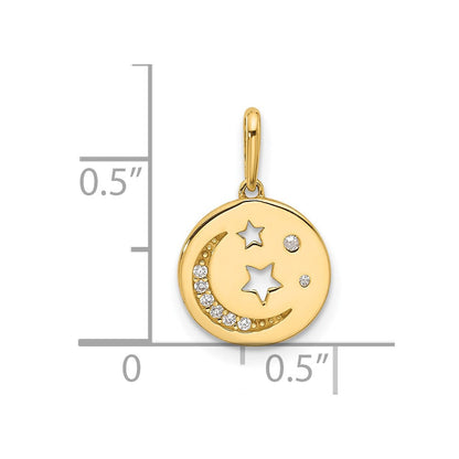 14K Yellow Gold Polished CZ Moon and Stars in Disc Pendant