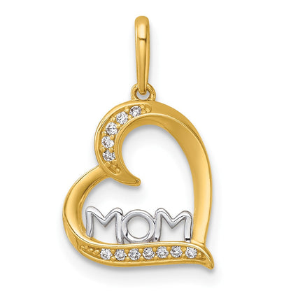 14K Yellow & Rhodium and Rhodium-Plated Polished CZ Mom Heart Pendant