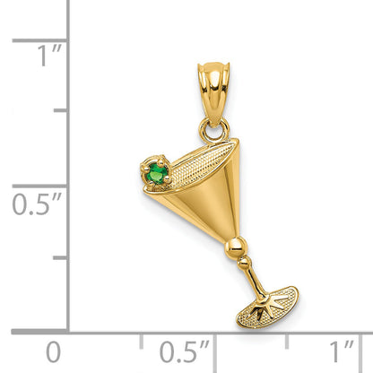14k Yellow Gold 14k Martini Glass with Green CZ Olive Pendant