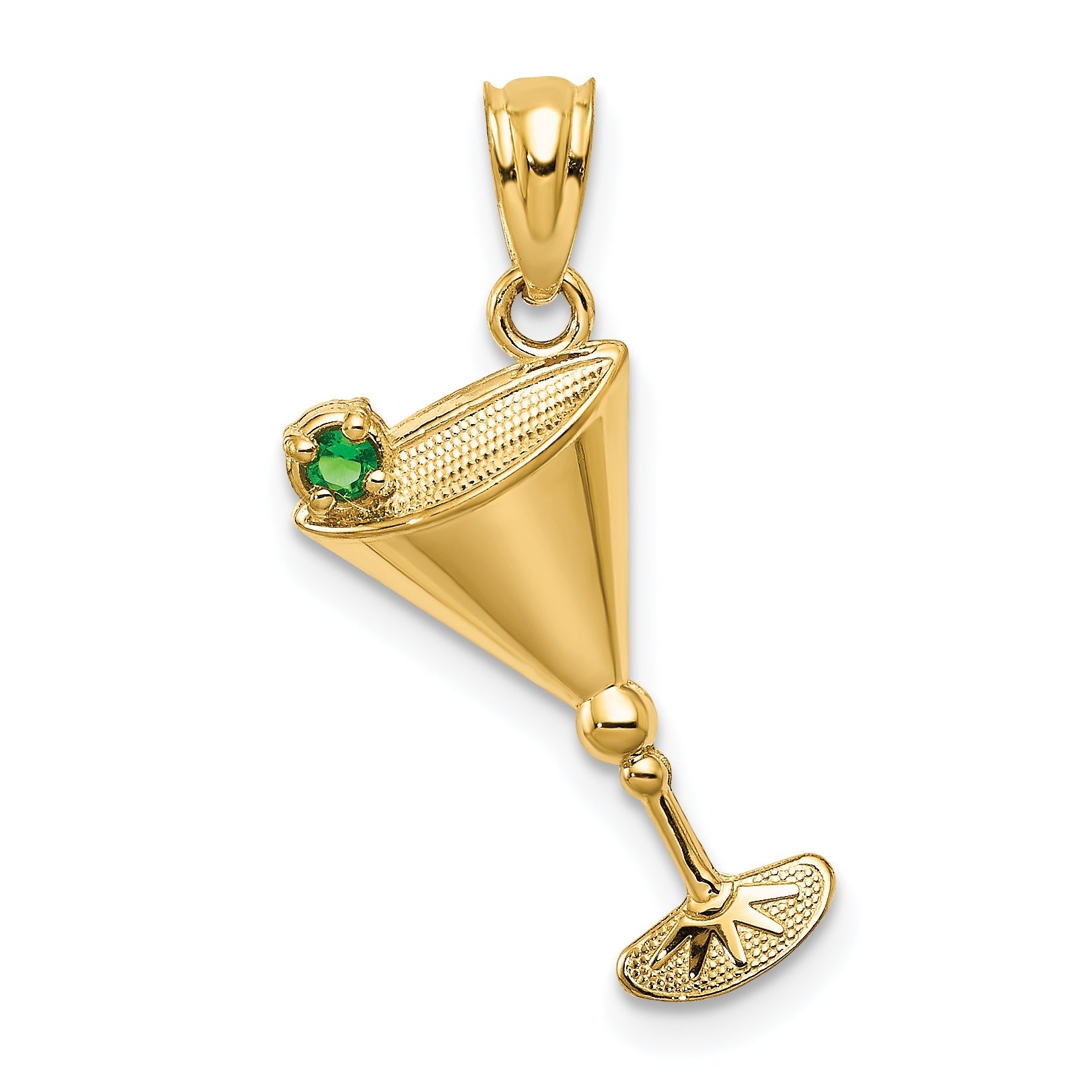 14k Yellow Gold 14k Martini Glass with Green CZ Olive Pendant