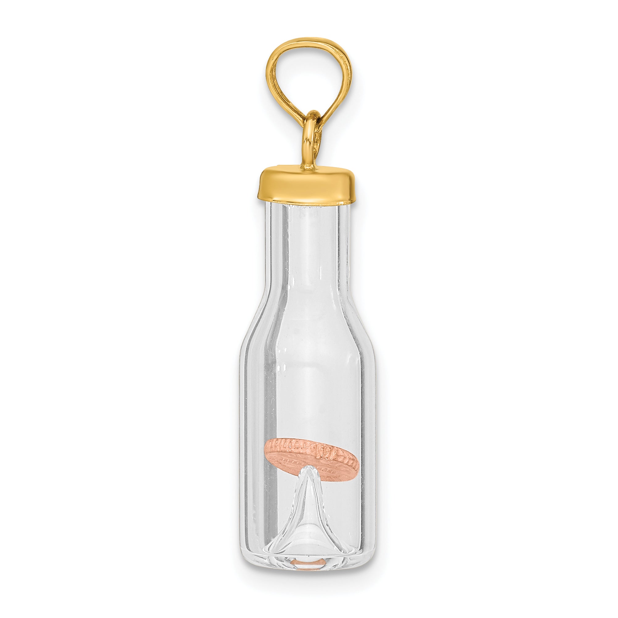 14k Yellow Gold 14k 3-D Mini Penny in Glass Bottle Pendant