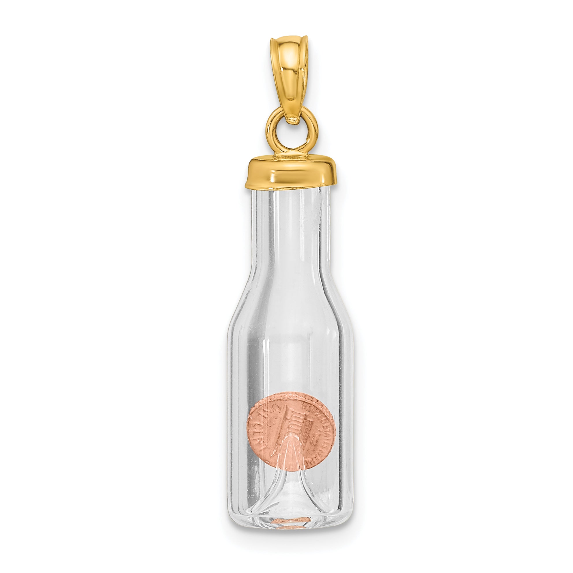 14k Yellow Gold 14k 3-D Mini Penny in Glass Bottle Pendant