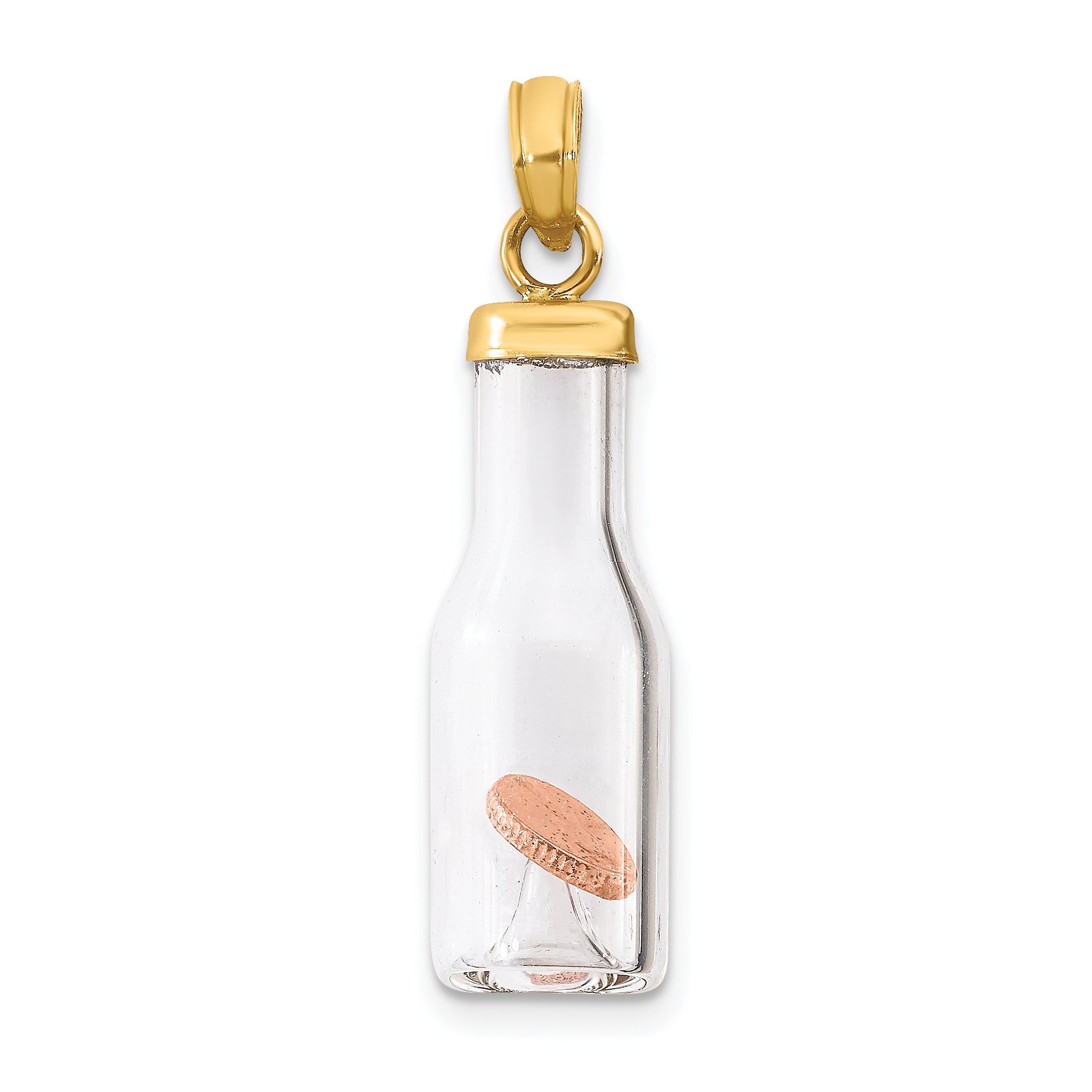14k Yellow Gold 14k 3-D Mini Penny in Glass Bottle Pendant