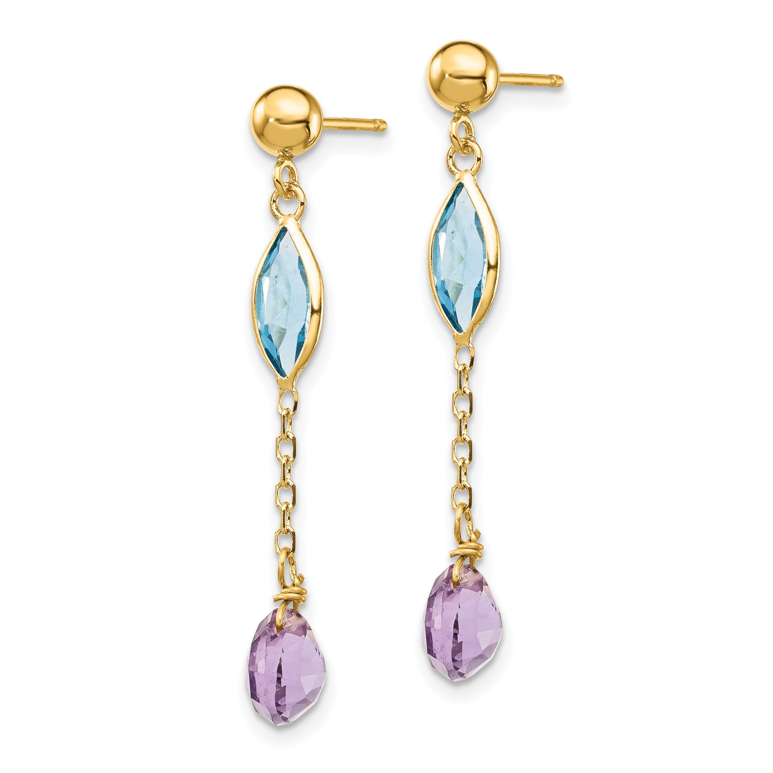 14K Yellow Gold Amethyst And Blue Topaz Post Earrings