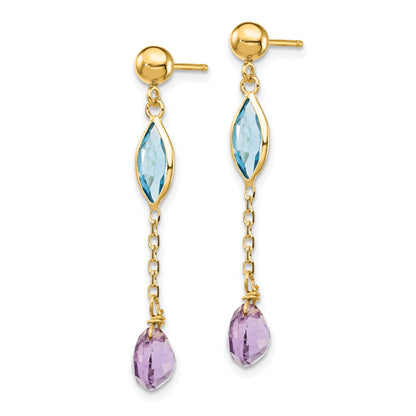 14K Yellow Gold Amethyst And Blue Topaz Post Earrings