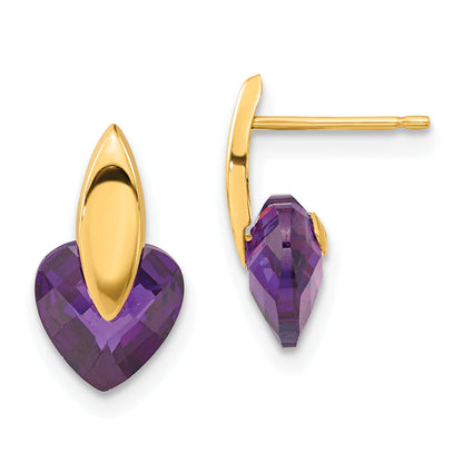 14K Yellow Gold 14Ky Polished Purple Cz Heart Post Earrings