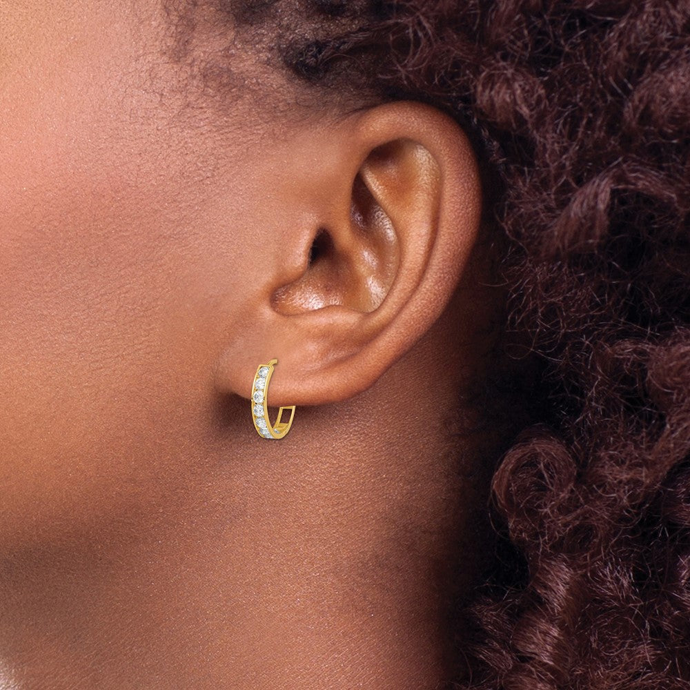 14K Yellow Gold Cz Hinged Hoop Earrings
