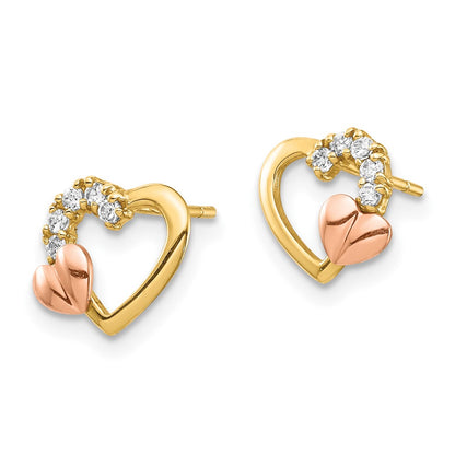 14K Two Tone Cz Heart Post Earrings
