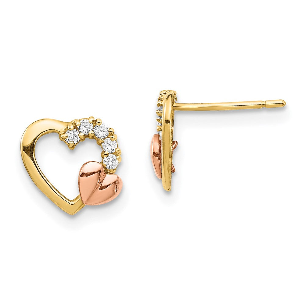 14K Two Tone Cz Heart Post Earrings