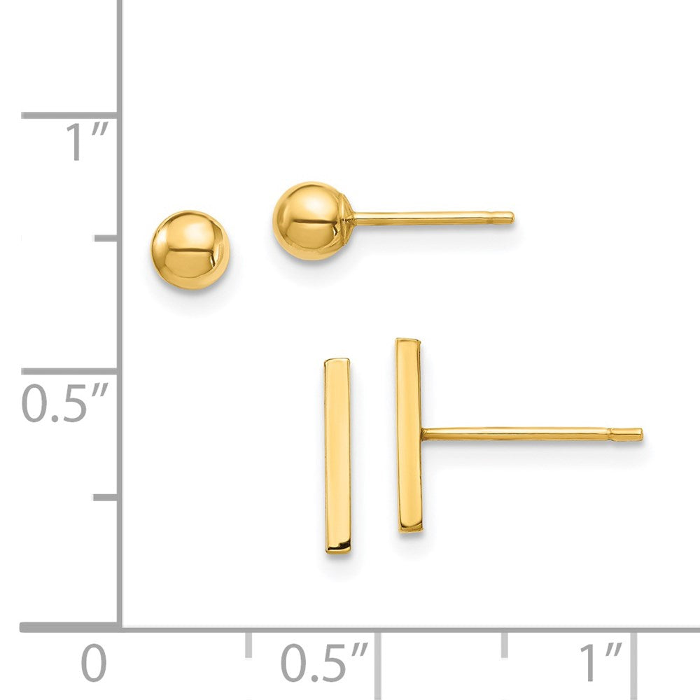 14K Yellow Gold Bar And 3mm Ball Post Earrings Set