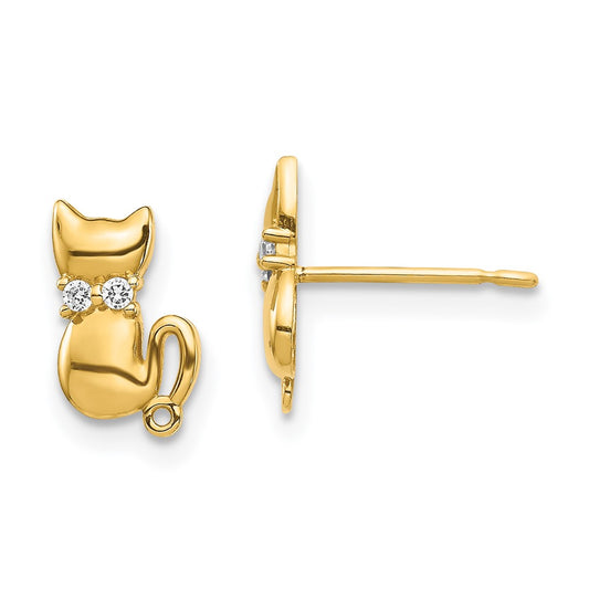 14K Yellow Gold Sitting Cat Cz Bowtie Stud Earrings