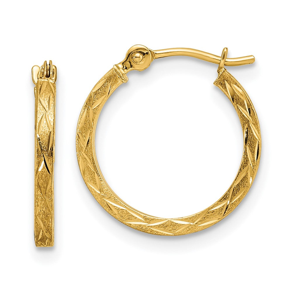 14K Yellow Gold Polished And Satin Diamond Cut Hoop Earrings