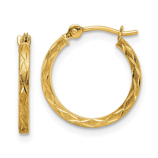 14K Yellow Gold Polished And Satin Diamond Cut Hoop Earrings