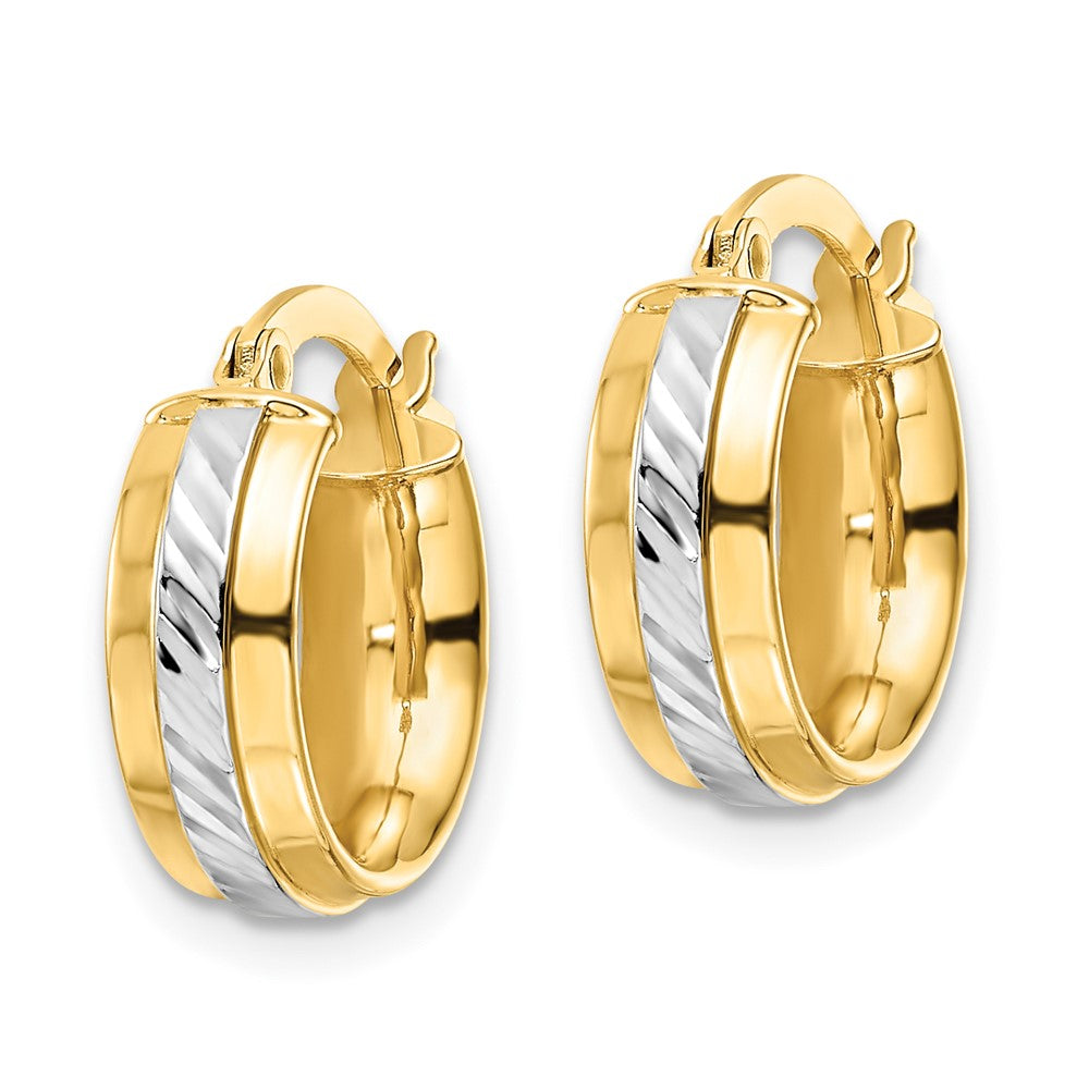 14K Yellow & Rhodium W/ White Diamond Cut Hoop Earrings