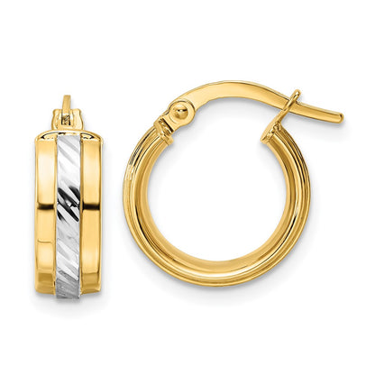 14K Yellow & Rhodium W/ White Diamond Cut Hoop Earrings