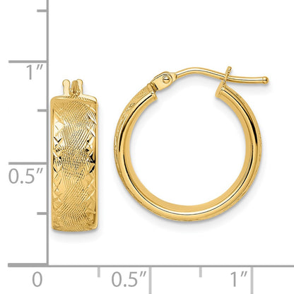14K Yellow Gold Polished Textured Diamond Cut Hoop Earrings