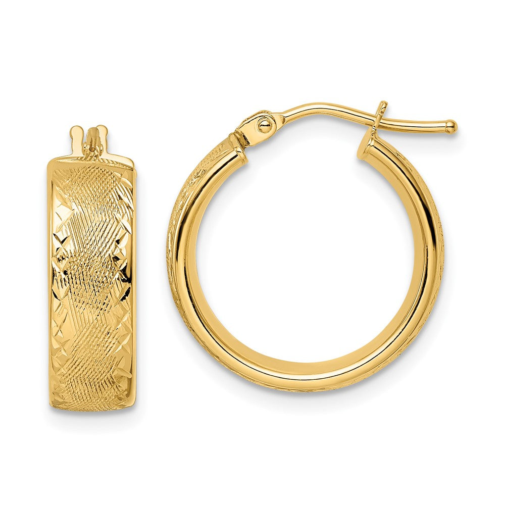 14K Yellow Gold Polished Textured Diamond Cut Hoop Earrings
