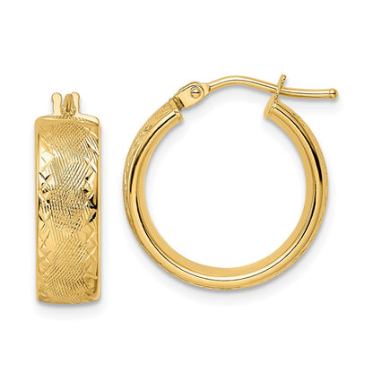 14K Yellow Gold Polished Textured Diamond Cut Hoop Earrings