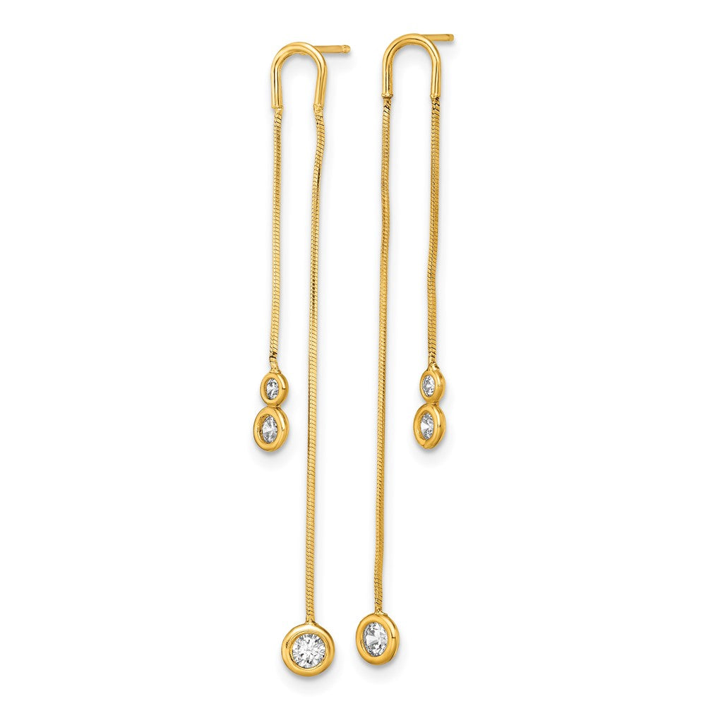 14K Yellow Gold Polished Cz Double Chain Dangle Post Earrings