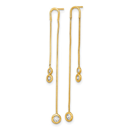 14K Yellow Gold Polished Cz Double Chain Dangle Post Earrings