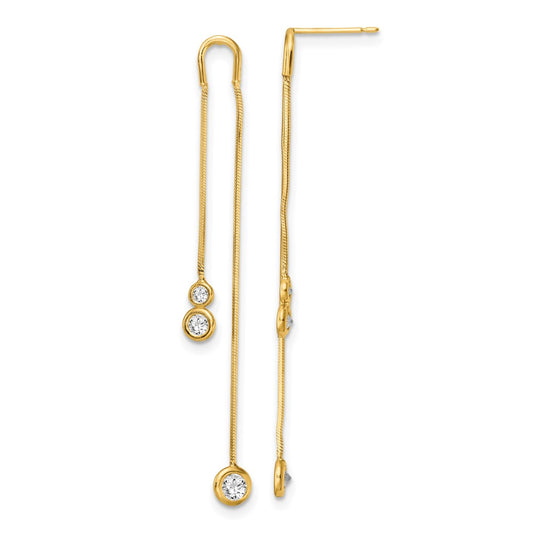 14K Yellow Gold Polished Cz Double Chain Dangle Post Earrings