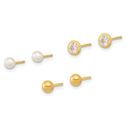 14K Yellow Gold Polished Set Of Ball Post Pearl And Cz Bezel 3 Pair Earrings