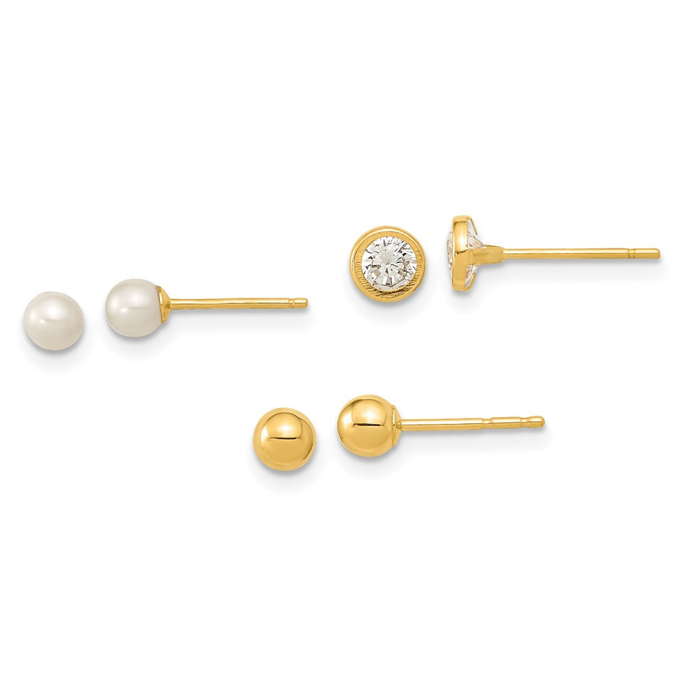 14K Yellow Gold Polished Set Of Ball Post Pearl And Cz Bezel 3 Pair Earrings