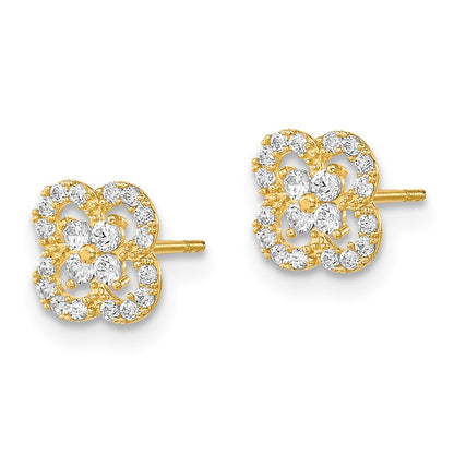 14K Yellow Gold Polished Flower Cz Post Earrings