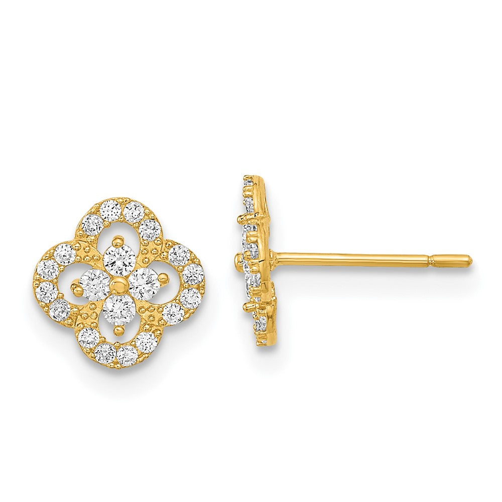 14K Yellow Gold Polished Flower Cz Post Earrings