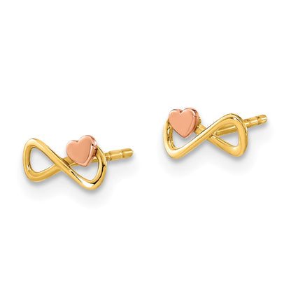 14K Two Tone Infinity With Heart Post Earrings