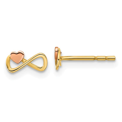 14K Two Tone Infinity With Heart Post Earrings