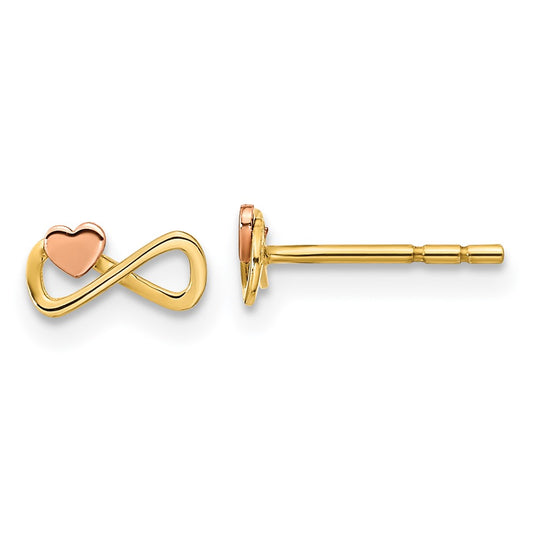 14K Two Tone Infinity With Heart Post Earrings