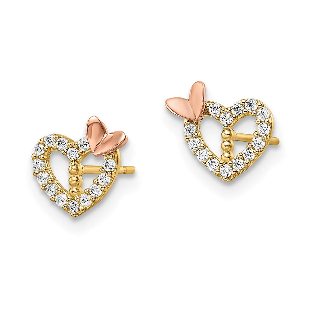 14K Two Tone Cz Heart Butterfly Post Earrings