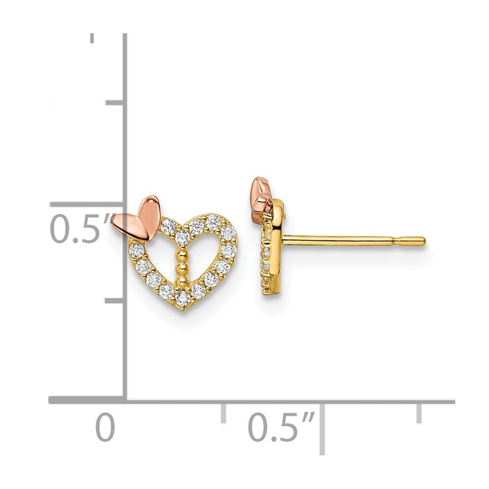14K Two Tone Cz Heart Butterfly Post Earrings