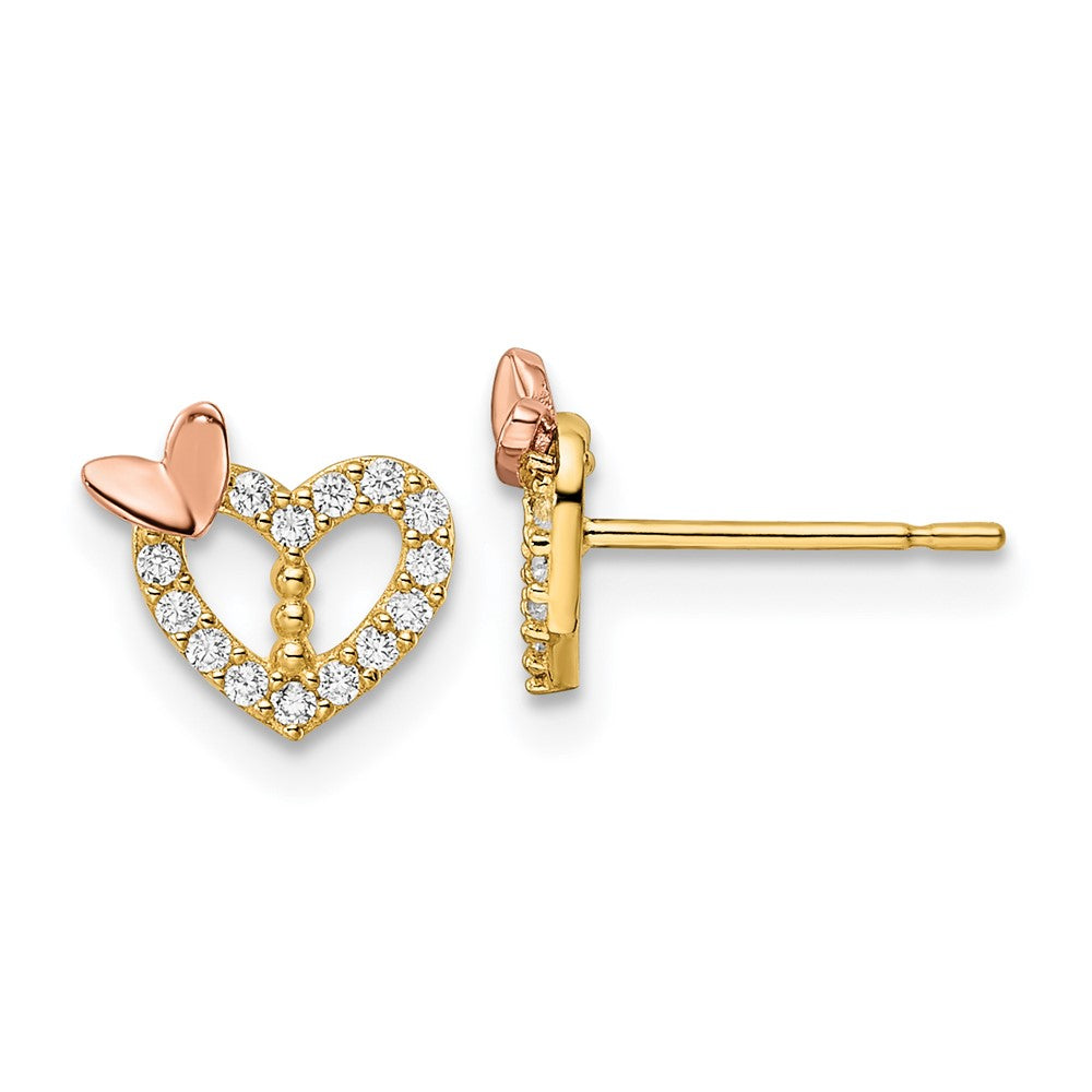14K Two Tone Cz Heart Butterfly Post Earrings
