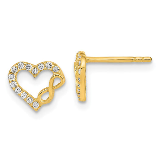 14K Yellow Gold Polished Cut Out Heart And Infinity Sign Cz Post Earrings
