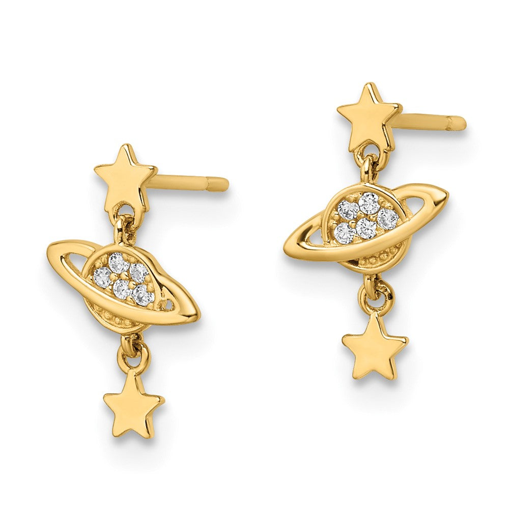 14K Yellow Gold Cz Saturn & Stars Dangle Post Earrings