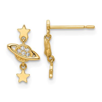 14K Yellow Gold Cz Saturn & Stars Dangle Post Earrings