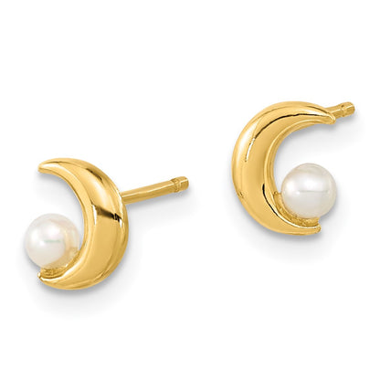 14K Yellow Gold Polished Half Moon 2.5 3mm Freshwater Cultured Pearl Post Earrings