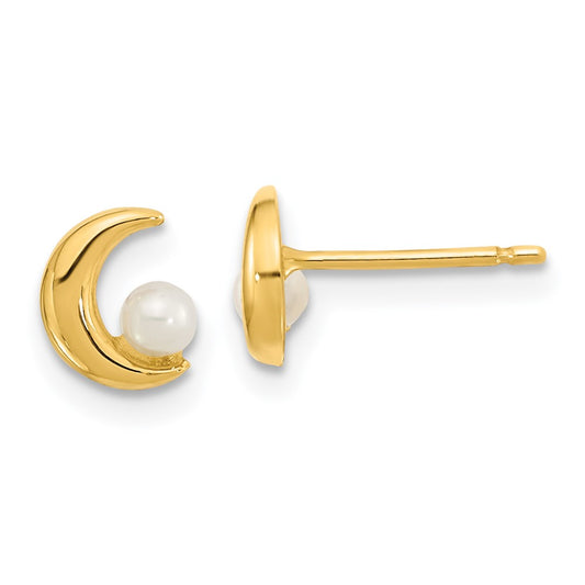 14K Yellow Gold Polished Half Moon 2.5 3mm Freshwater Cultured Pearl Post Earrings