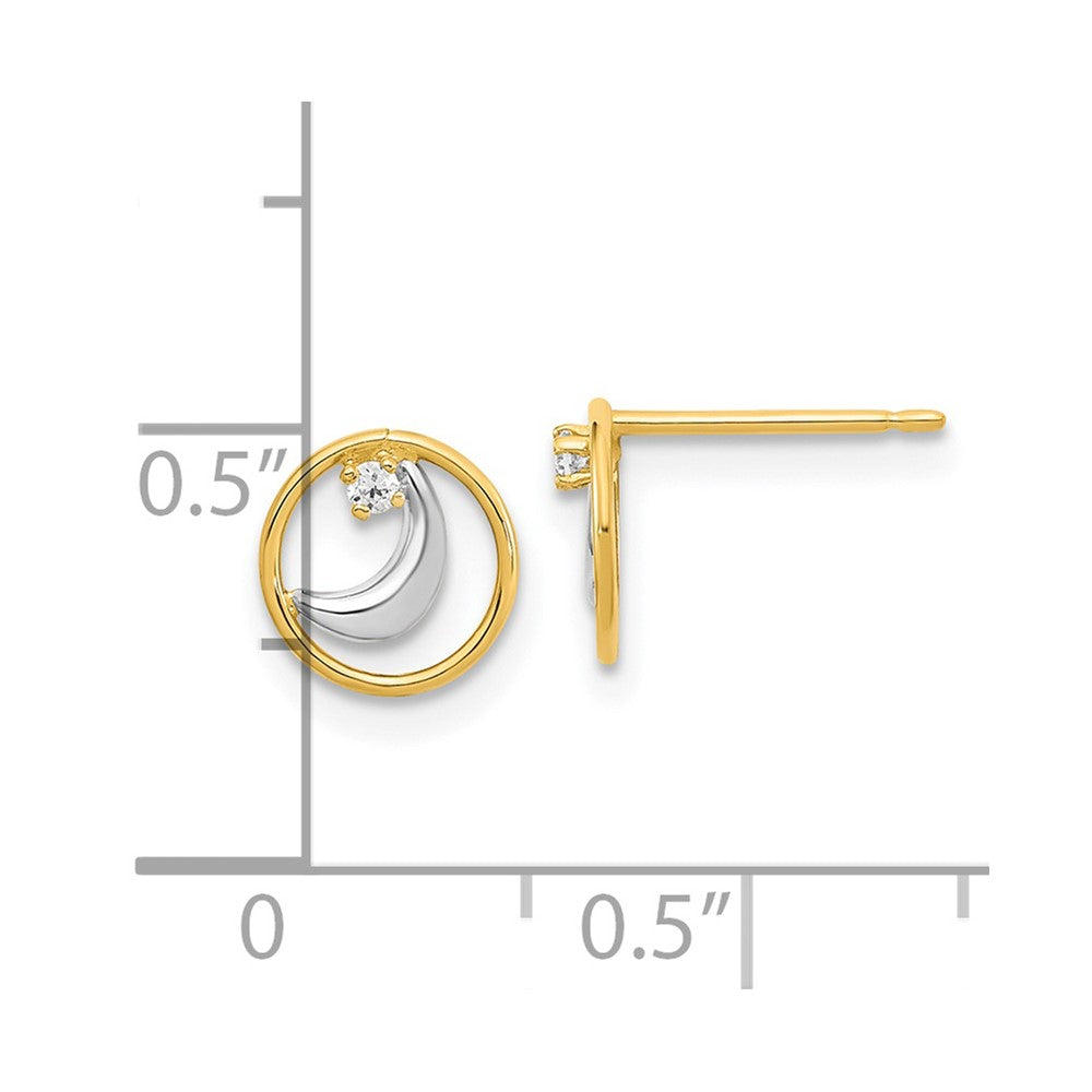 14K Yellow & Rhodium Gold White Open Circle Cz Half Moon Post Earrings