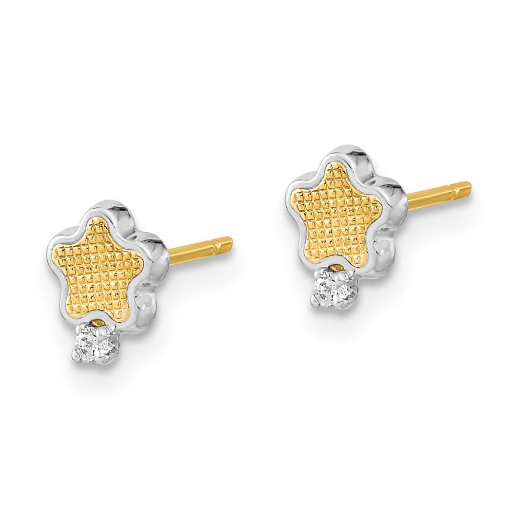 14K Yellow & Rhodium White Textured Gold Cz Star Post Earrings