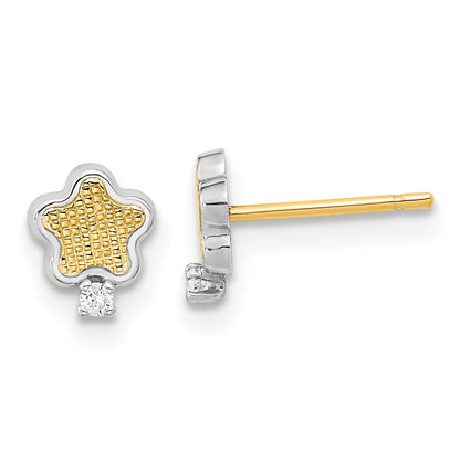14K Yellow & Rhodium White Textured Gold Cz Star Post Earrings
