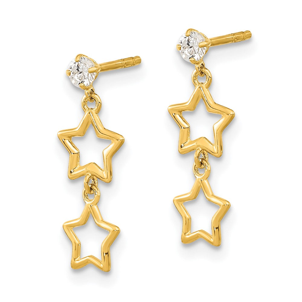 14K Yellow Gold Polished Dangle Star With Cz Post Earrings