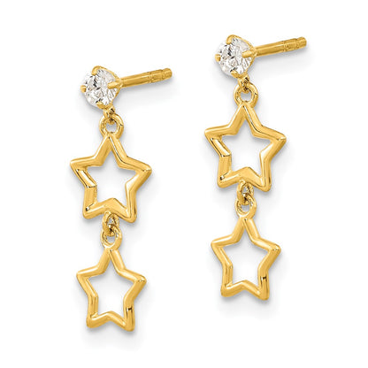 14K Yellow Gold Polished Dangle Star With Cz Post Earrings