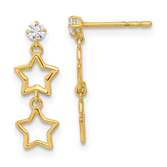 14K Yellow Gold Polished Dangle Star With Cz Post Earrings