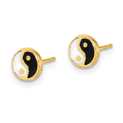 14K Yellow Gold Black/White Enamel Yin And Yang Post Earrings