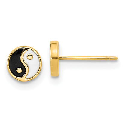 14K Yellow Gold Black/White Enamel Yin And Yang Post Earrings