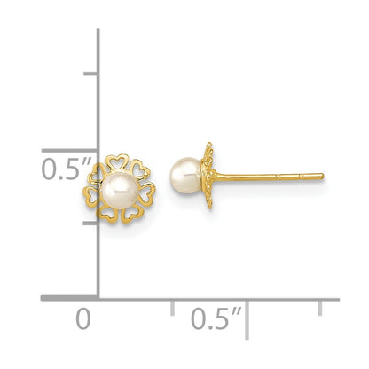 14K Yellow Gold Polished Small Heart Petals With Fw Cultured Pear Post Earrings