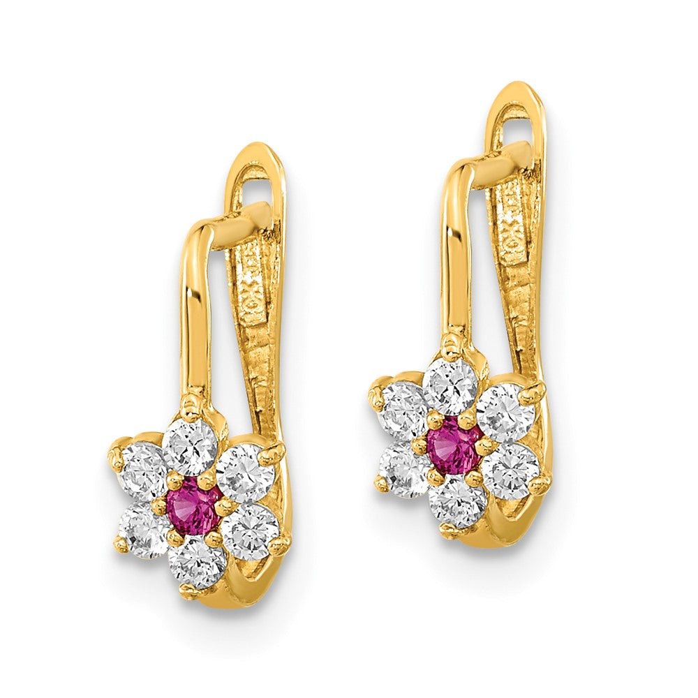 14K Yellow Gold Polished Red And White Cz Flower Hoop Earrings